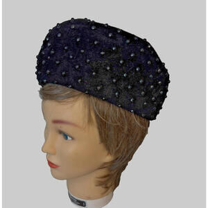 Vintage 1950's Gotham Women's Black Velvet Bead Dot Pillbox Hat 22.5" EUC